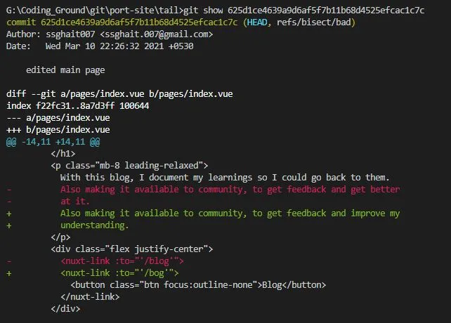 git bisect output identifying the first bad commit