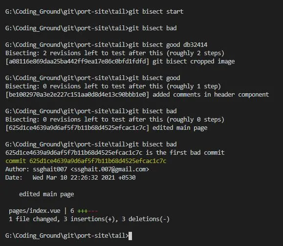 Terminal output of git bisect log