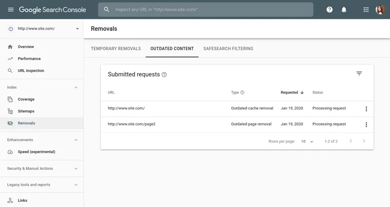 Google Search Console page for requesting temporary removal of a URL