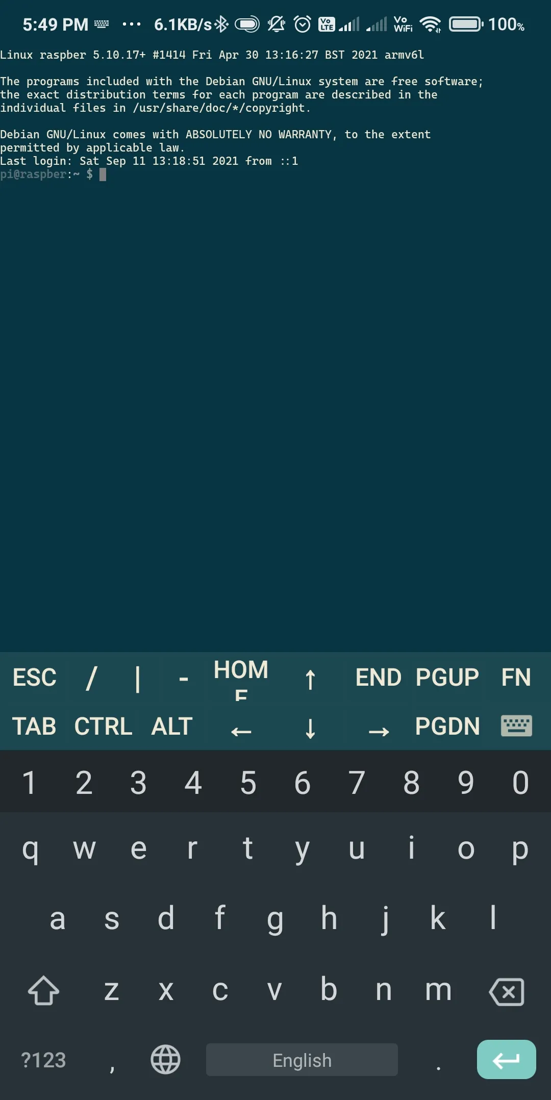 JuiceSSH app connected to a Raspberry Pi over an ngrok tunnel