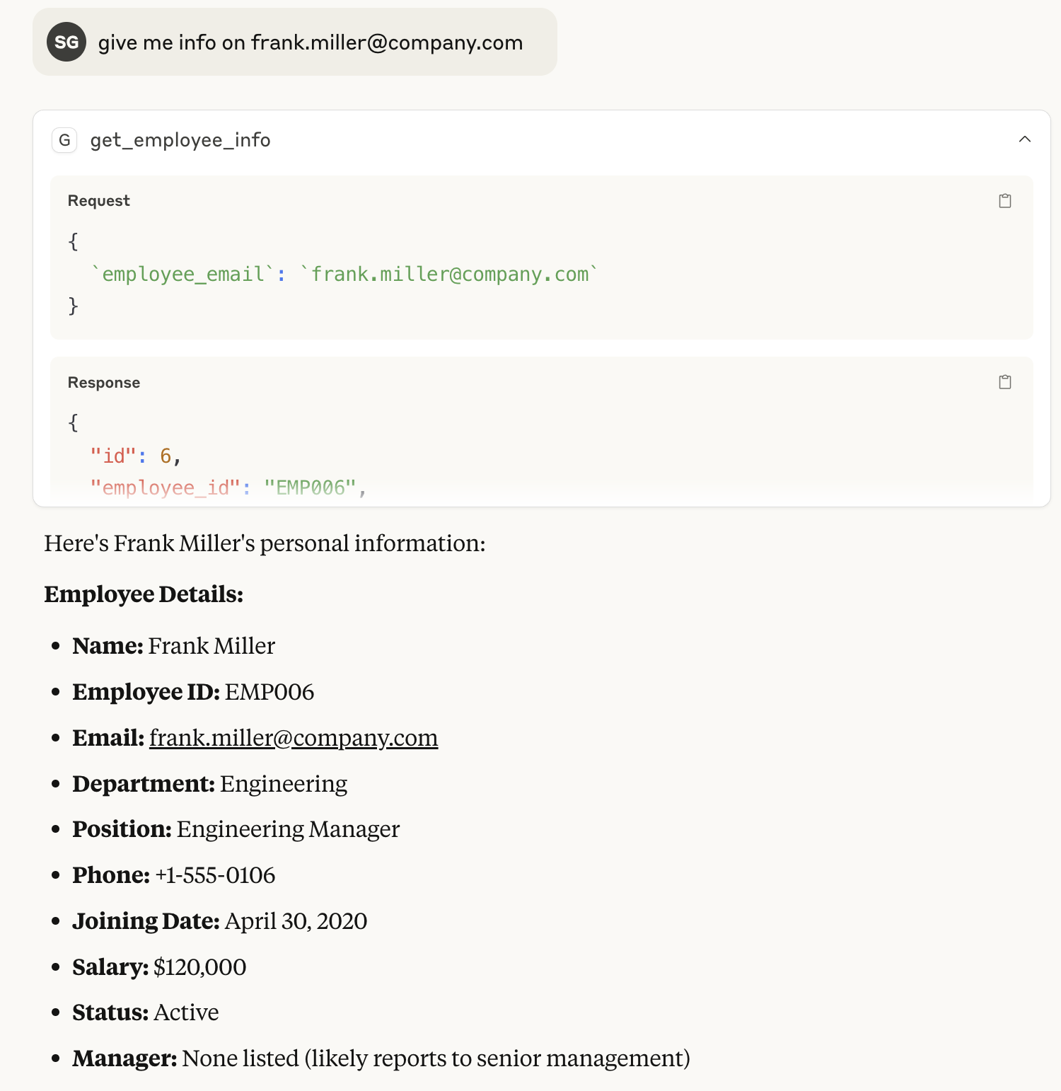 Claude Desktop returning employee information through the MCP server