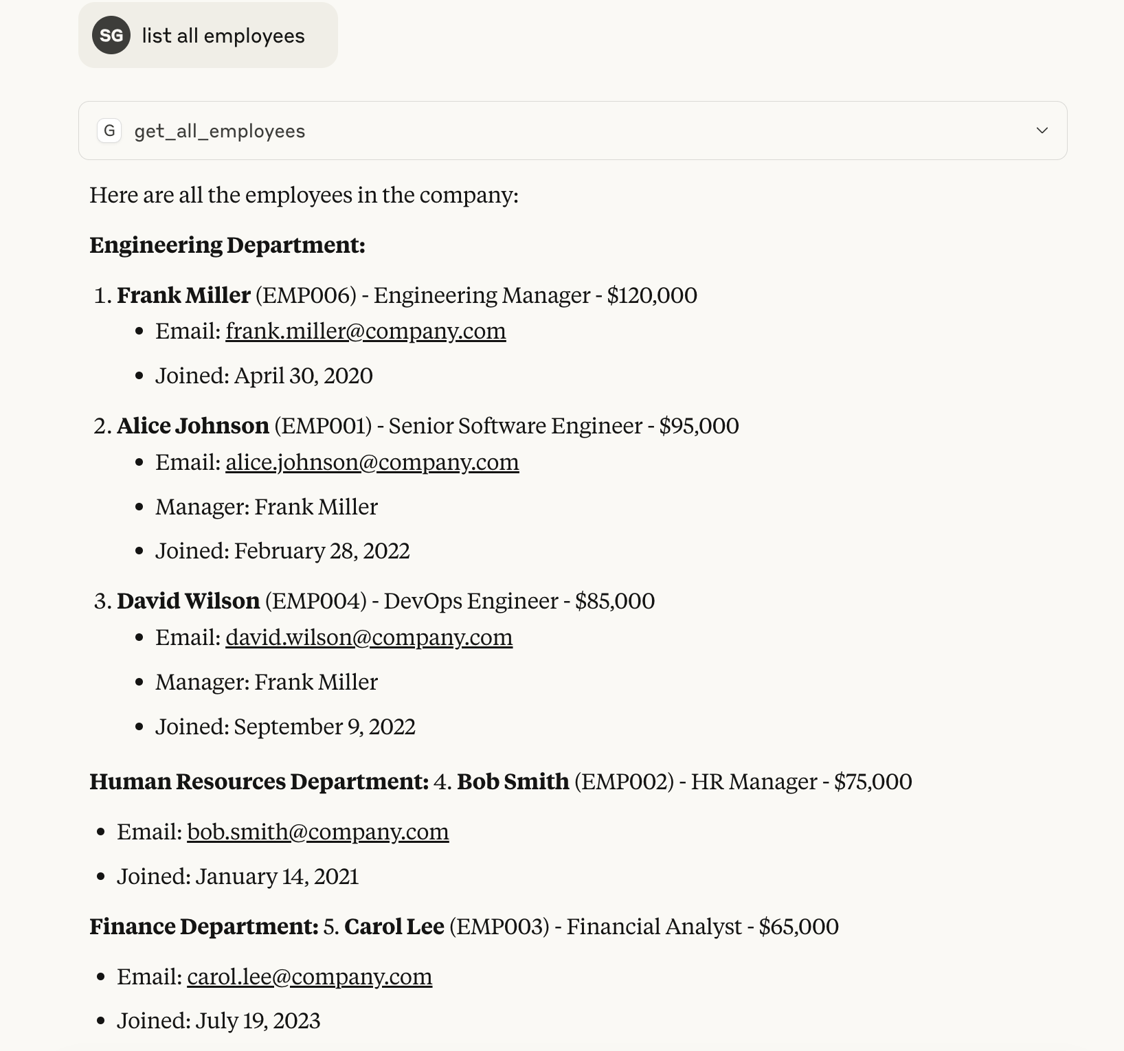 Claude Desktop listing employees through the MCP server