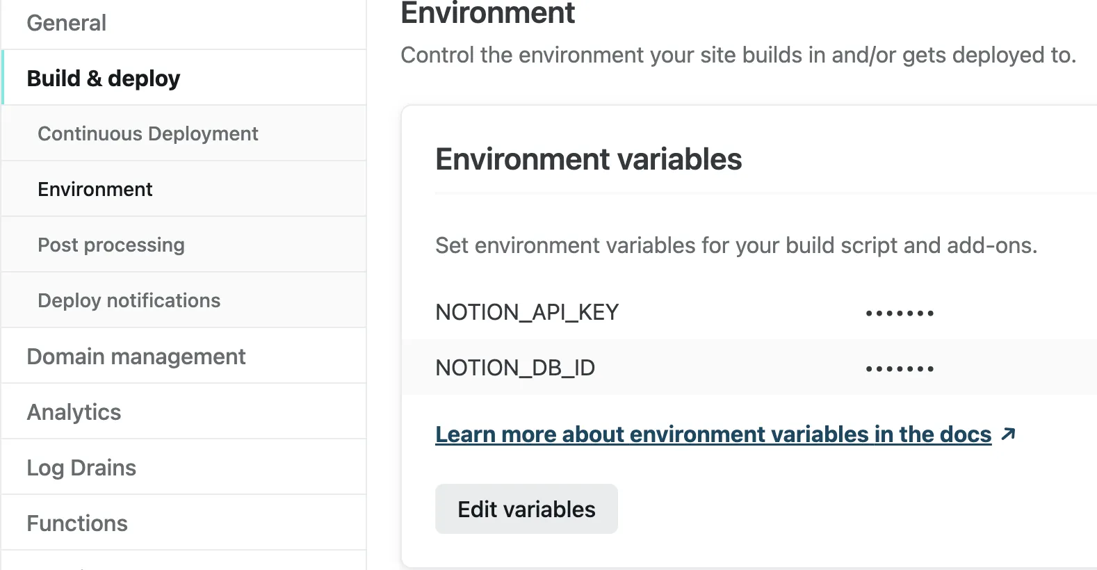 Netlify environment variables for the Notion token