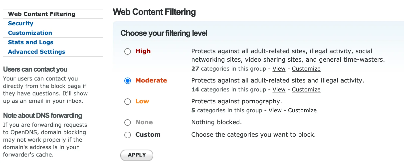 OpenDNS web content filtering settings