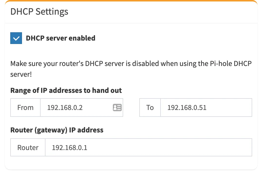 Pi-hole DHCP settings page