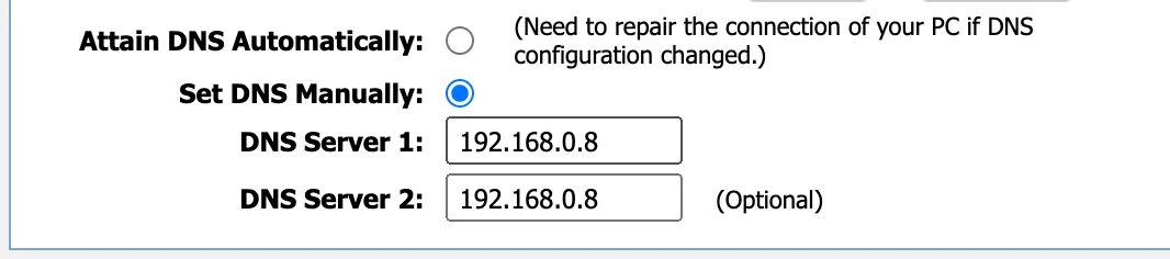 Router DNS settings pointing to the Pi-hole IP address
