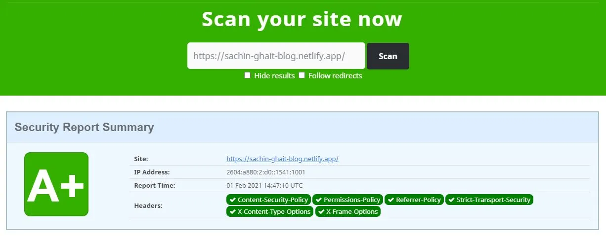 Security headers scan result for a website