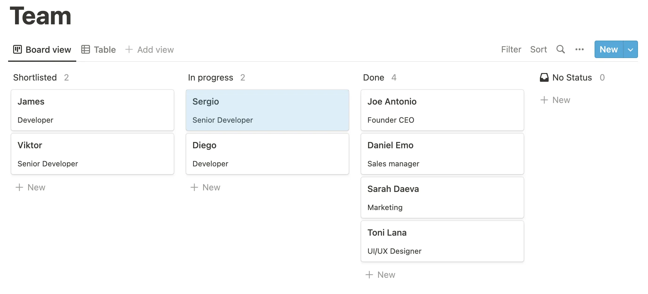 Notion team board before the update