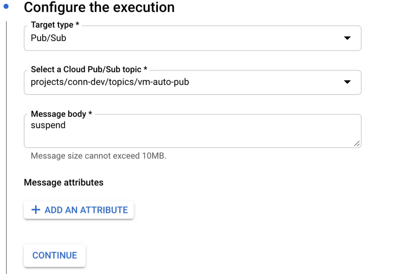 Pub/Sub topic used to trigger VM start and stop
